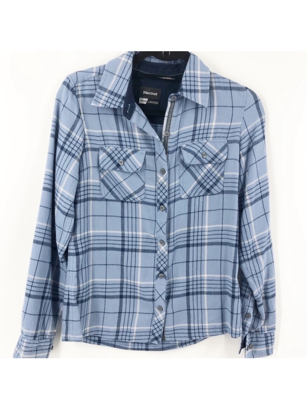 Marmot Bridget Flannel Shirt Women’s Small Blue Plaid COOLMAX Button Down Shirt
